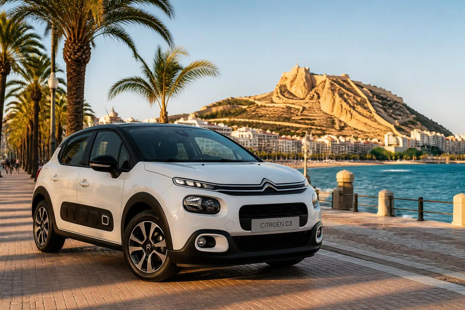 Citroën C3 w Alicante na promenadzie z palmami i zamkiem Santa Bárbara